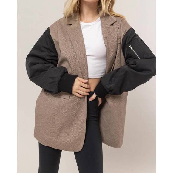 NEW HYFVE herringbone mixed media coat in brown - Picture 1 of 4